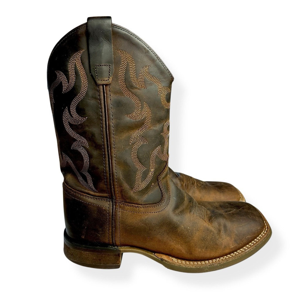 Old West Brown Boys Leather Classic Square‎ Toe Cowboy Boots Size 3.0 D Western